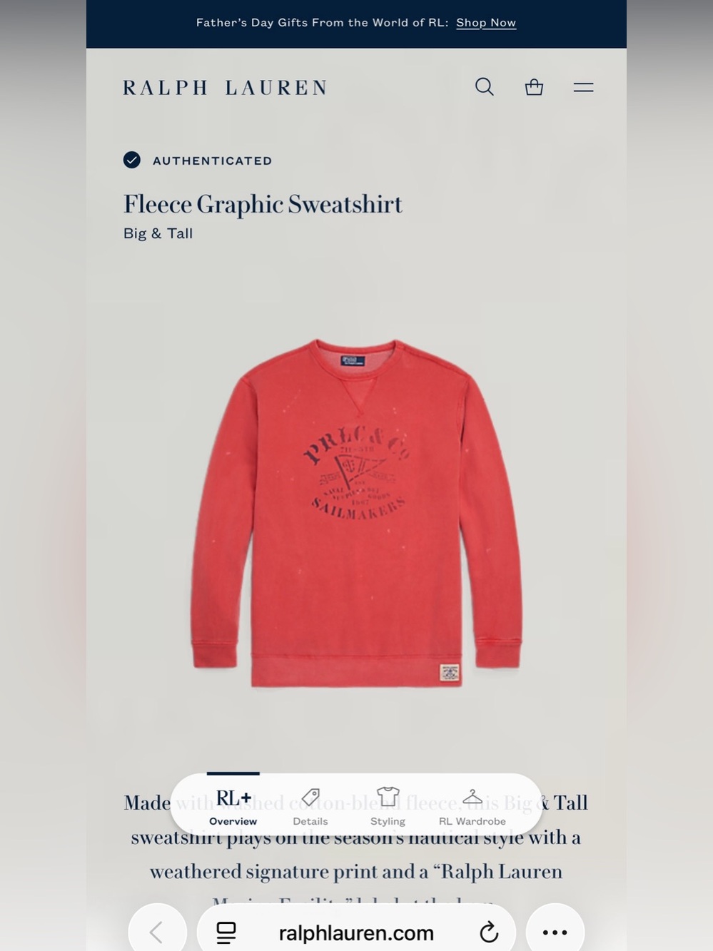 Polo Ralph Lauren Sailmakers Vintage Fleece Sweatshirt Men’s 2XLT tall new - Picture 2 of 10